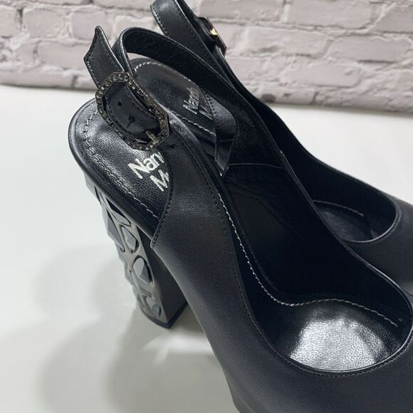 Nando Muzi Women’s Italian Leather Open Toe Jeweled Heels Pumps 36.5 Black - Picture 13 of 16